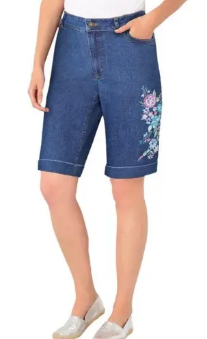 Woman Within Plus Size Jean Bermuda Shorts Floral Embroidery Blue Size 26