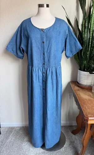 Vintage Plus Size Button Front Denim Dress 90s Cottagecore Prairie Style Blue