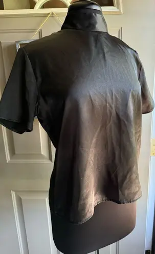 Vintage Notations black silky mock neck short sleeve plaid button blouse, size 8