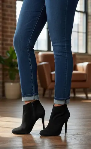 LAT Booties Womens Black Faux Suede Round Toe High Heel Chic Size 8