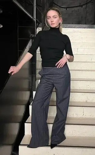 Ganni Gray Stripe Cotton Pinstripe Wide Leg Pants Size 38