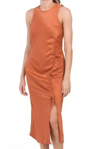 House of Harlow 1960 Auburn Orange Satin Side Ruched Midi Dress Size Large