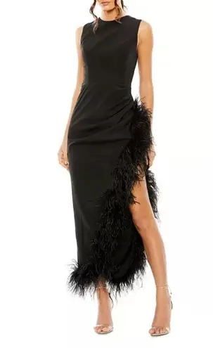 Mac Duggal 11626 Black Sleeveless Faux Wrap Dress with Feather Detail
