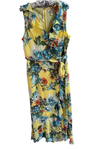 London Times Sleeveless Flowy Floral Faux Wrap Dress Size 14 Yellow Vacation - Image 1