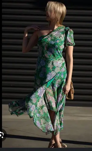 ASTR  the label santorini green floral puff sleeeve one shoulder midi dress small