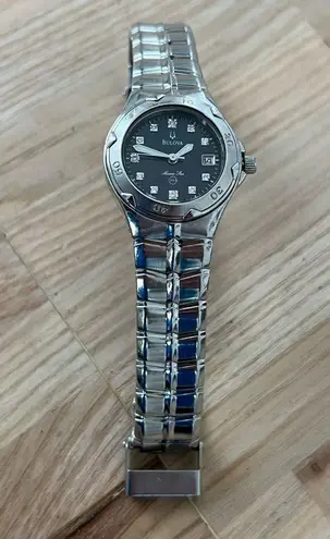 Bulova Marine Star Diamond Ladies Watch Black Pearl Dial Date Stainless Bracelet