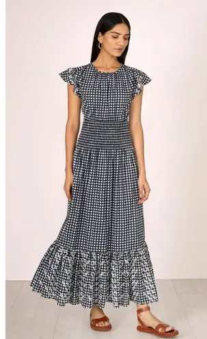 Banjanan Aurelia Ruffle Sleeve Tiered Maxi Dress in Gingham Noir Small Blue