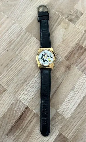 Armitron Rare Vintage Musical Watch Looney Tunes Dial Black Leather Strap