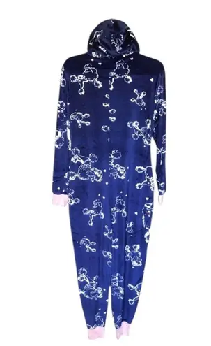 Hale Bob Pajamas NWT White Poodles Navy Pink Trim Wrist Ankles Hoodie Onesie Med