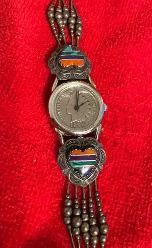 Indian Head Watch with Minimalist Face and Beaded Band Silver