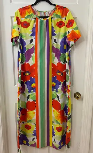 Frances Valentine Floral Print Maxi Resort White Lotus Dress Lg Colorful Cruise