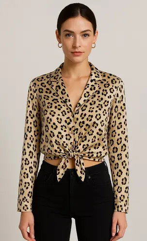 Topshop  Leopard Print Button Up Cropped Blouse Womens Tie Hem Mobwife Satin 6 - Image 1