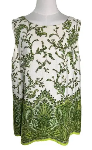 Positive Attitude Linen Blend Sleeveless Top Size 16 Green Paisley Print White