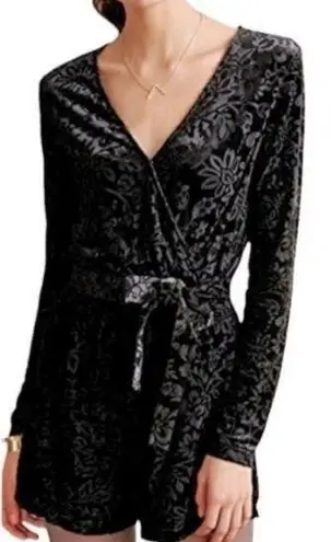 Saylor Black Velvet Burnout Romper Floral Belted Long Sleeve Anthropologie XS