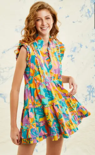 Love The Label Elana Poplin Dress Multicolored Iris Print Pockets Size Medium Yellow