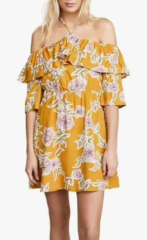 Cupcakes & Cashmere Fonda Ruffle Detail Floral Print Mini Dress Halter Neck XS Yellow