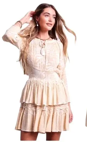 Patrons of Peace Dress Women XS Tan White June Print Ruffle Tiered Smocked Mini