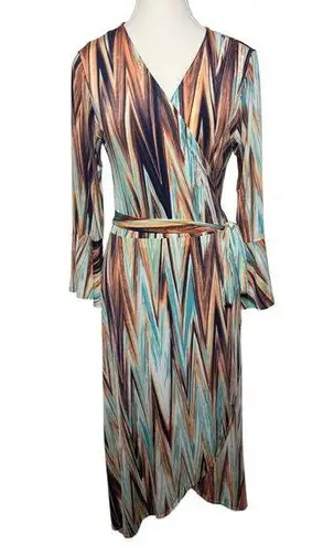 Veronica M Dress Women L ZigZag Orange Blue Wrap Style Bell Sleeve Stretch Party