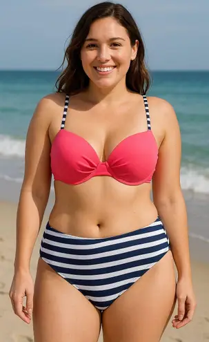 Womens Bikini Set Size XL Pink Navy Stripe Nautical Preppy Swim Coastal Y2K
