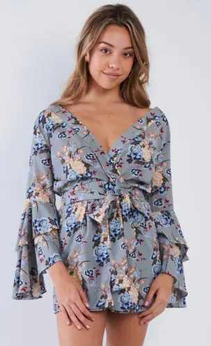 Hummingbird Floral Surplice Bell Sleeve Romper