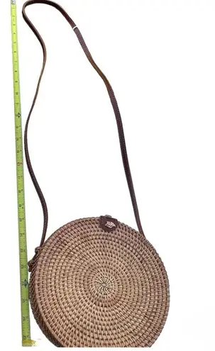 Wicker Brown Round Canteen Style Genuine Leather Strap Boho Style Bag NWT