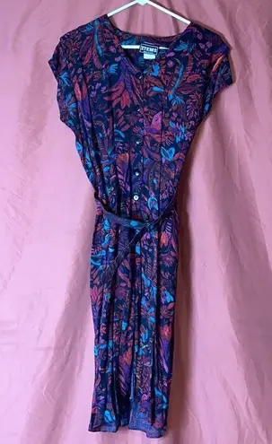 80s VTG ITEMS FLORAL BELTED BUTTON FRONT MIDI DRESS Pink Size M