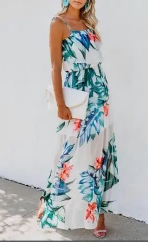 Free The Roses  Palmetto Floral Shoulder Tassel Tie Side Slit Maxi Dress Sz S