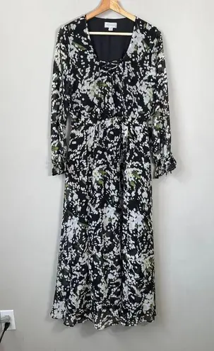 Belle Sky Women's Medium Balloon Sleeve Boho Floral Tie V-Neck Maxi Dress Black