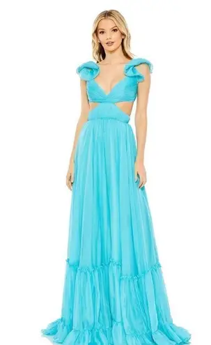 Mac Duggal Ruffled Shoulder Cut Out Lace Up Gown Dress Blue Green Size 10