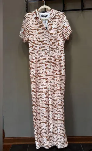 Fashion Union Women's Tan and Brown Jumpsuit Collared Button Down Lined