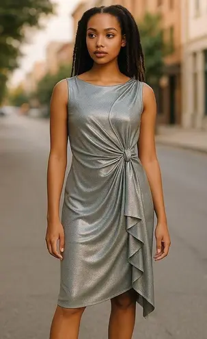 Superfoxx NEW Sz M Silver Metallic Sleeveless Dress Side Knot Asymmetric Ruffle