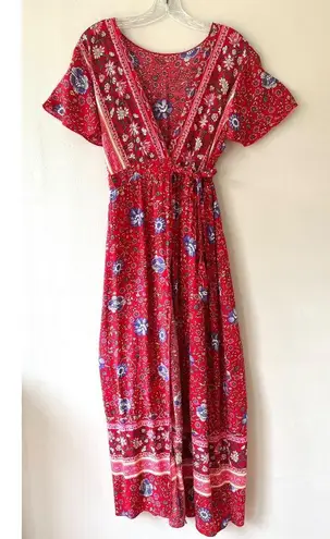 Maxi Dress Red Wrap V Neck Short Sleeve Front Split Summer Floral Belted, Size S