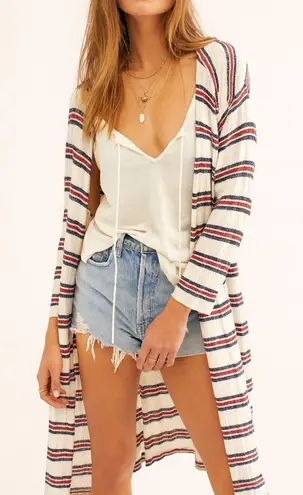 Gaze sz L Womens White Striped Long Open Front Sweater Nautical Gauzy Layering Size L