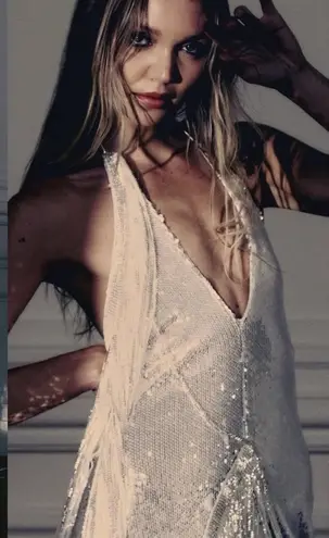 Rotate Birger Christensen Sequin Metallic Fringe Sleeveless Dress Silver Size 10