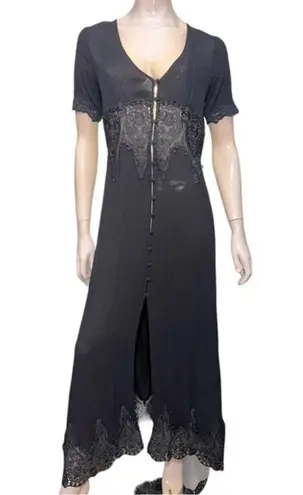 Sadie & Sage Women’s Size M Black Short Sleeve Button Up Crochet Trim Maxi Dress Size M
