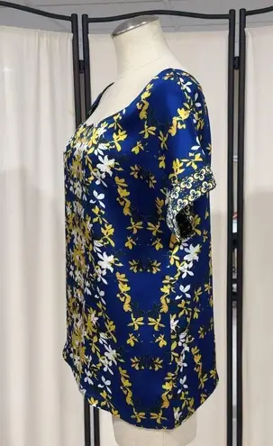 Just Cavalli Blue Floral Print Short Sleeve Silk Blouse Italy Size 44 - US 8