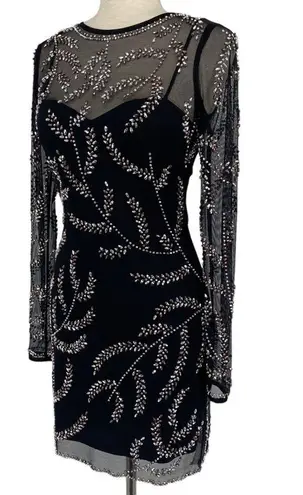 AQUA Floral Sequin Mesh Overlay Long Sleeve Mini Dress Size 2 Black