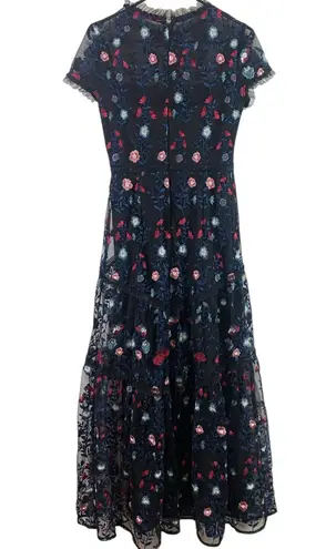 Monique Lhuillier Floral Embroidered Tiered Lace Column Maxi Gown Dress Size 4