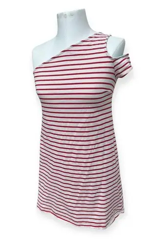 Maeve Anthropologie Marketa Red Cream Striped One Shoulder Shift Dress size S