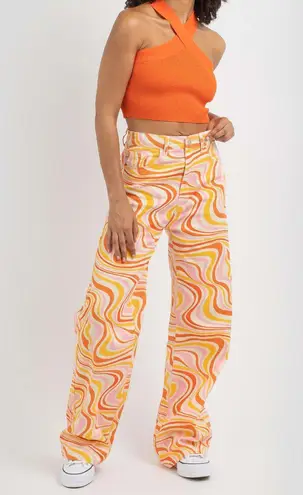 MRKT  Jeans Women LARGE Orange Pink Marble Retro Ziggy Straight Leg High-Rise