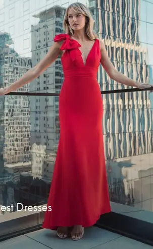 Mac Duggal Red Sleeveless V Neck Bow Detail Mermaid Gown