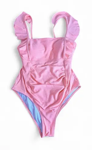 S Pink Ribbed Ruffle Tie Back One Piece Swimsuit Ruched High Cut