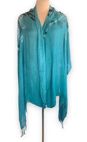 None Sarong Scarf Bright Turquoise Black Rose Floral Fringe Boho Gypsy Colorful