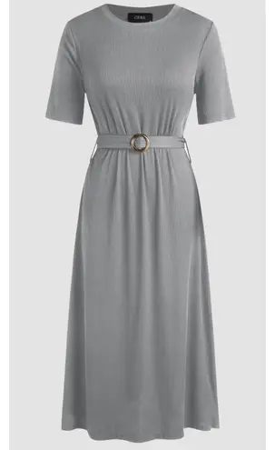 Cider Solid Belted Knitted Midi Dress in Grey