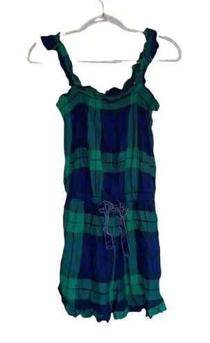 Aerie NWOT  Flannel Pliad Romper Tie Detailing Green Blue Super Soft Small