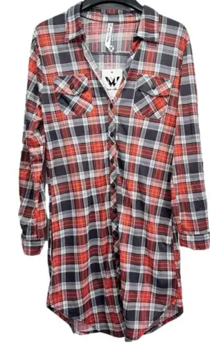 NEW White Mark Coral & Gray Plaid Lightweight Button Front Shirt Dress Small
