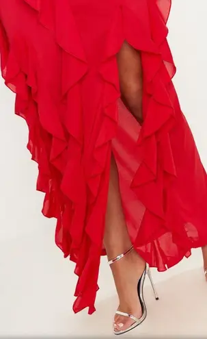 Pretty Little Thing  Spanish Style Red Ruffle Maxi Dress Sz 12 Prom Wedding NWT