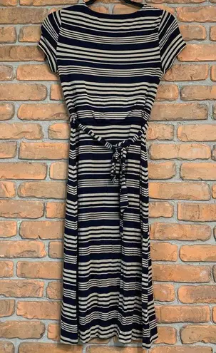 Talbots  Women's Striped Faux Wrap Belted V-Neck Short Sleeve Midi‎ Dress Navy XS