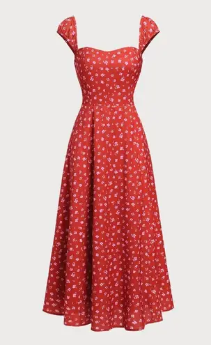 Rihoas Red Floral Sweetheart Neck Cap Sleeve Midi Dress