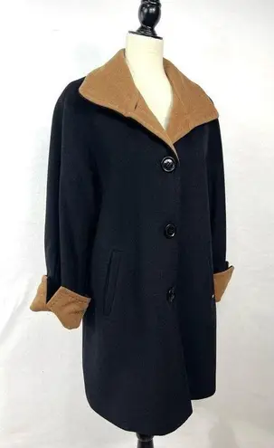 Ellen Tracy Wool/Angora Black & Caramel Brown Pea Coat Jacket Size 10